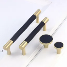 Modern Brass+Leather Gold Tbar Cabinet Kitchen Knobs and Pulls Leather Dresser Drawer Bathroom Cupboard Pulls Furniture Handle BBE13714