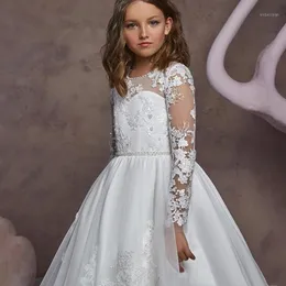 Sukienki dziewczynki Elegancka A-line Flower Girl Sukienka koronkowe aplikacje O-Neck Pasek Długość podłogi Button Pełny rękaw na zamówienie dla dzieci Księżniczka