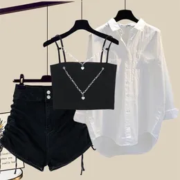 Mulheres Summer Sets Streetwear Cadeia gótica Vestra de protetor solar BLOUSEDENIM SHORTS 3 peças Conjunto para mulheres Y2K Setfits Sets 220719