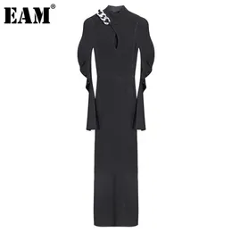 Eam Women Metal Chain Hollow Out Long Knitting Dress New Turtleneck長袖ルーズフィットファッション春秋1DC787 201110