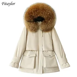 Fitaylor Winter большой натуральный меховой штук с капюшоном вниз, Женщины, густой теплый снежный бежевый верхняя одежда белая утка с регулируемой талией 201128