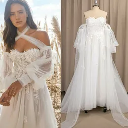 Puff rękawa boho plażowa sukienka ślubna 2022 Sweetheart A linia Tiul Sweep Train Koronki Aplikacje Country Bohemian Bridal Suknie Chic Vestidos de Novia Summer Hippies