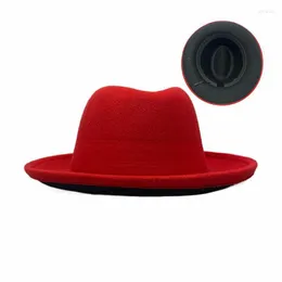 Chapéus largos de abrangência Mulheres vermelhas pretas de retalhos crimpando lã jazz fedora panamá trilby tap tend gambler chapéu atacado oliv22