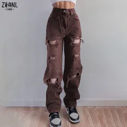 Браун разорванные винтажные женские джинсы уличная одежда Hip Hop High Pants Pants Fashion Straight Denim Blous