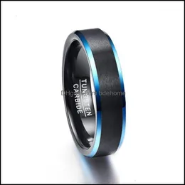 Eheringe Schmuck 6 mm blaue abgeschrägte Kanten Schwarzer Wolframkarbidring Matt gebürstetes Finish Comfort Fit Größe 7 bis 121 Drop Lieferung 2021 J