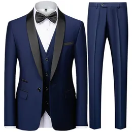 Män Mariage Color Block Collar Suits Jacket byxor Midja Male Business Casual Wedding Blazers Coat Vest Pants 3 Pieces Set 220810