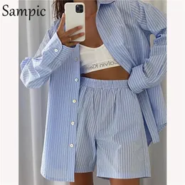 Sampic Loung Wear Tracksuit Women Set Stripe Sleeve Slave Tops e cintura solta Mini shorts de duas peças 220707