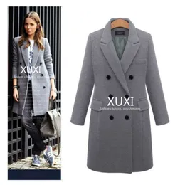 XUXI Frauen Herbst Winter Mantel Casual Wolle Solide Jacken Blazer Weibliche Elegante Zweireiher Langen Mantel Damen Größe LJ201106