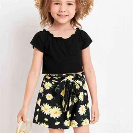 2022 Summer New Kids Set Sunflower Print Girls Clothes Suits Short Sleeve Ruffle Collar T-shirt Floral Pants Children Set G220509