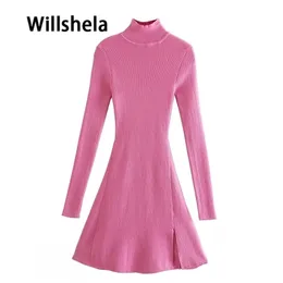 Women Knit Dress Long Sleeves High-Neck Elastic Mini Dress Fashion Elegant Chic Lady Slim Fitted Woman Dresses 220316