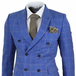 Homens Suits and Blazers 2022 Blue Mens Verificação Três Parte Dupla Terno Breasted Gatsby Mafia Peaky Blinds Vintage 1920s Traje Homme