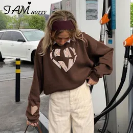 Carta coração impresso oversized hoodie feminino marrom estética grunge moletom crewneck manga longa pullovers outono iam ty