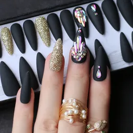 Black Stiletto False Nails DIY Crystal Golden Golit