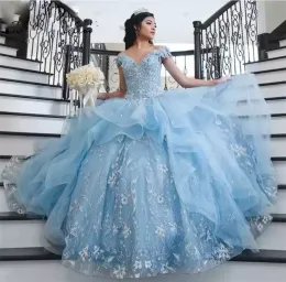 Gökyüzü mavi muhteşem quinceanera omuzdan kapalı boncuklu balo elyafı kayışlar katmanlı aplike fırfırlar yarışmacı resmi elbise tatlı doğum günü partisi balo elbiseleri s