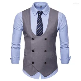 Men Vest Double Breasted Waistcoat 2022 England Style Sleeveless U-Neck Suit Wedding Slim Cotton Gilet Plus Clothes Guin22