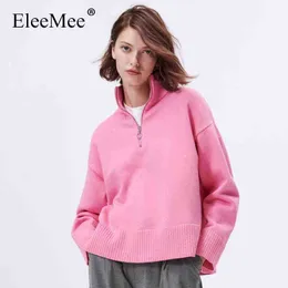 Sweater de malha EleeMeee malha com zíper casual capuz rosa 2022 Novo pulôver de mola elegante blusas size s-l t220726