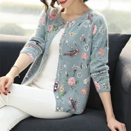 YISU Women Cardigans Sweater Autumn Winter Floral bird pattern Knitted Coat Cardigan Single Breasted Casual Knit Jacket Sweater T200820