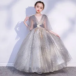 2022 Sequined Princess Flower Girls Dress для свадьбы с плеча с длинные рукава кружевные бусинки из пухлые раффли Дети для детей именинника для девочек.