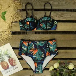 Hög midja bikini set sexig blommig baddräkter två stycken badkläder kvinnor trycker ny strandkläder baddräkt Biquini 210319