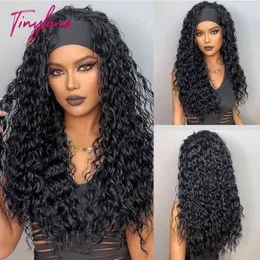 Kıvırcık kafa bandı sentetik peruklar doğal siyah uzun kadın kafa bandı peruk derin su dalgası bohem saçları siyah kadınlar için sahte saç