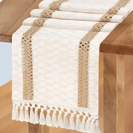 Vlovelife Macrame Table Runners Natural Burlap Splicing Cotton Boho Table Runner with Tassels Bohemian Rustic Home Wedding 220414