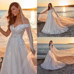 Eddy K Wedding Dress Off The Shoulder Lace Appliqued Garden Beach A Line Bridal Gown Boho Sweep Train Robe de mariee