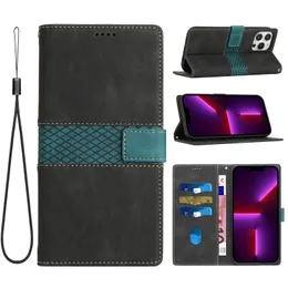 GRID HYBRID FÄRGLINDER PALLETSFALL FÖR IPHONE 15 14 13 PRO MAX 2 11 XR 8 7 6 PLUS KREDIT -ID KORT SLOT Cash Pocket Flip Cover Business Book Fashion Cell Phone Pouch Strap