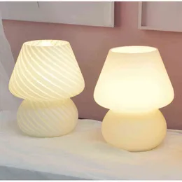 Glas led skrivbordslampa för sovrum sovrum koreansk ins stil randig svamp bordslampa dekor söt glas genomskinlig säng lampa H220423