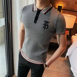 British Style Thousand Bird Check Men Polo Shirt Embroidery Slim Fit Knitted TShirt Lapel Polo Social Club Outfits Camisa Hombre 220514