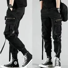 Calças masculinas bolsos laterais harém harém hip hop fitas casuais design masculino joggers calças de rua moda calça preta 220826