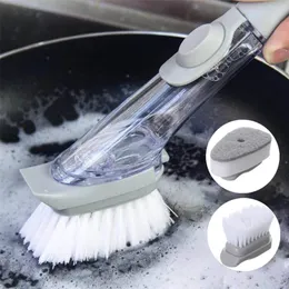 2 In 1 Long Handle Cleaning Removable Dispenser DishWashing Sponge Brush For Kitchen Tools 220629