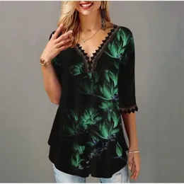 Plus Size 5x Pullovers Blouse shirt Boho Print Lace Splice Women's Tops V-neck Loose Casual Summer New Female Tee Shirt 201201