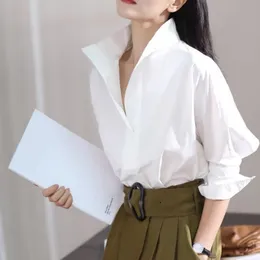Autumn cotton bat 7 4 Sleeve Shirt women's wide loose collar white shirt fashionable and stylish blouse 220812