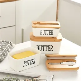 Ceramic Butter Box Cheese Storage Sealing Dish Tray With Wood Lid Knife Food Dish Butter Keeper Tool Plate Container For Kitchen 220307