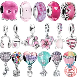Nowy popularny 100% 925 srebrny urok różowy serce uroczy urok słuchawek dla bransoletek i naszyjników Pandora