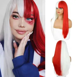 Nxy Lolita Cosplay Synthetic Wig Half White Red Long Straight Halloween Two Tone Ombre Color for Women Girl 220622
