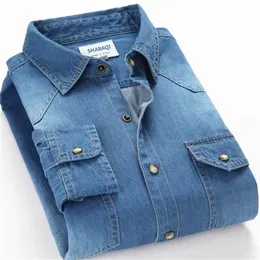 Schinteon Spring Autumn Men Denim Thin Shirt Long Sleeve Soft 100% Cotton Two Pockets Slim Slight Elastic Jeans Cowboy 4XL 220401