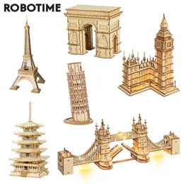 Robotime 3D Wooden Puzzle Game Big Ben Tower Bridge Pagoda Building Model Toys For Children Kids Birthday Gift 220715