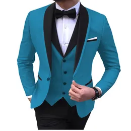 Blue Slit Mens Suits 3 Piece Black Shawl Lapel Casual Tuxedos For Wedding Groomsmen Suits Men Blazervestpant 220817