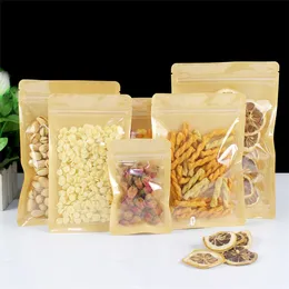 100pcs Clear Front Flat Bottom Kraft Paper Packaging Bags One Side Clear Coffee Beans Dried Fruit Bakery Snack Candy Wedding X-mas Gifts Resealable Zipper Pouches