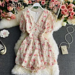 French Women Chiffon Playsuit Floral Printed Embroidery Summer Beach Ladies Romper V-neck Voile Overalls Jumpsuits 210715