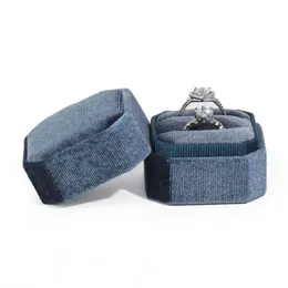 Octagon Velvet Ring Box Vintage Double Ring Display Holder Smycken Förpackning med löstagbart lock för förslag till engagemang bröllop ceremoni