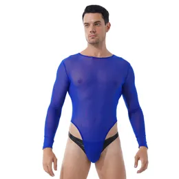 أزياء Catsuit Mens Lingerie See-Orgh Mesh Bodysuit عالية قطع السوستة الظهر