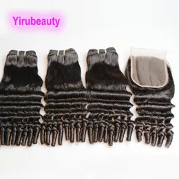 Cabelo humano brasileiro Funmi Hair 3 pacotes com fechamento de renda 4x4 parte livre encaracolado trama dupla com fecho peruano 10-26 polegadas
