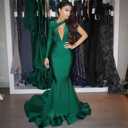 2022 Hunter Green Sexy Mermaid Evening Dresses Wear V Neck Långärmade Formella Party Prom Crows