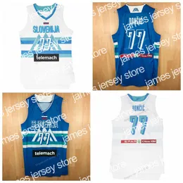 Novo Luka Doncic Custom #77 Equipe Slovenija Jerada de basquete rara Print Print Branco Azul qualquer Nome Número Tamanho S-4xl