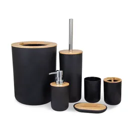 Badrumstillbehör Set 6 stycken bambu rum tandborste hållare tvål dispenser toalettborste sopor kan väsentliga gx220523