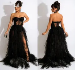 Tiered Tulle Sexig Evening Klänningar Svart Illusion Lace Sweetheart Open Back Plus Storlek Formell Party Gowns Sweep Train A Line Side Slit Vestidos de Festa