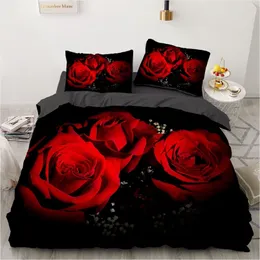 3D Red Rose Bedding Set Custom King Size 3pcs Däcke Cover Set Blanketquilt Pillow Case Blomma Bed Set för Wedding Microfiber 220616