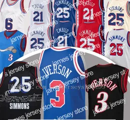 새로운 2021 저렴한 Joel 21 Embiid Allen 3 Iverson 남자 농구 저지 레트로 유니폼 벤 25 Simmons Camisetas de Baloncesto 농구 유니폼